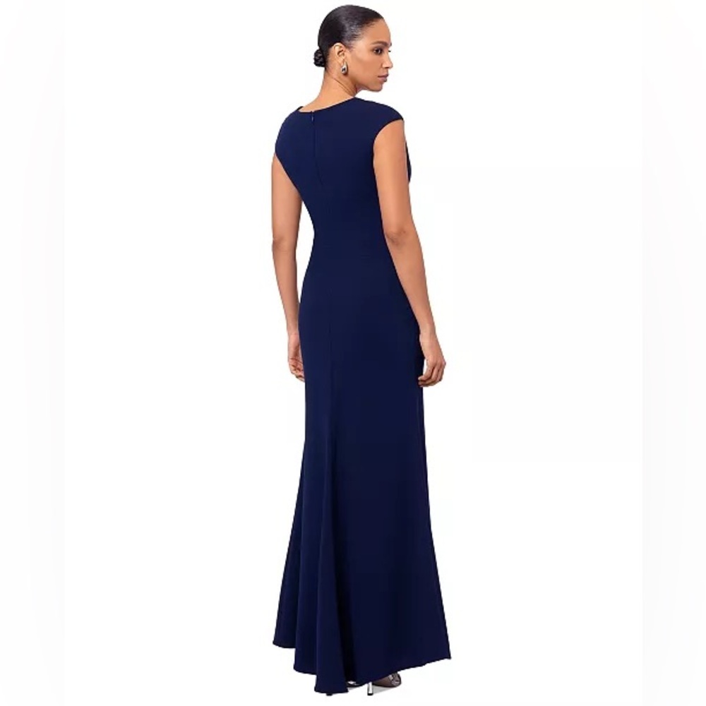Betsy & Adam Women's Blue V-Neck Lined Ruffle-Front Scuba Crepe Dress Size 4 - Picture 2 of 10